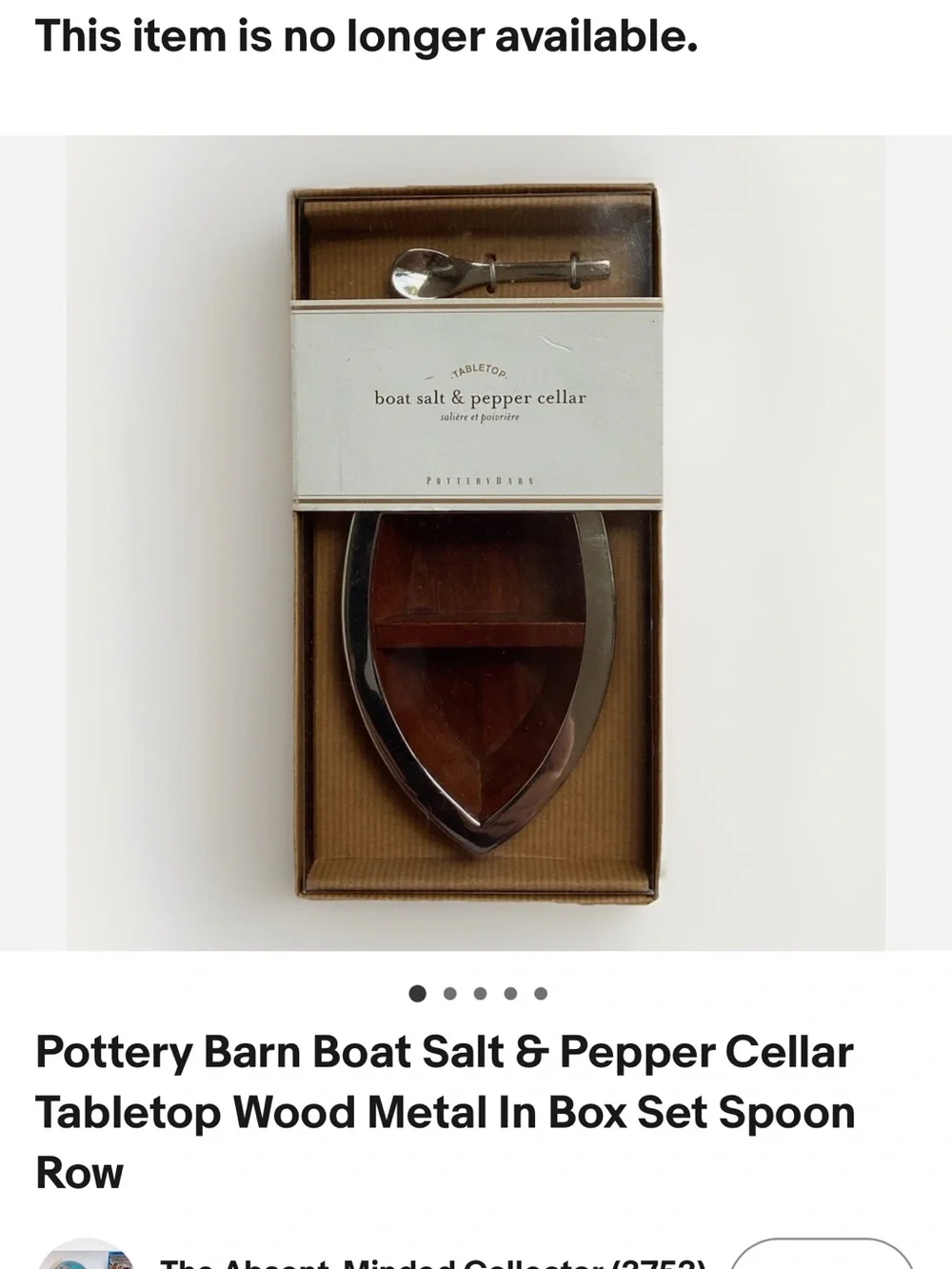 Pottery Barn Wood and Metal Boat Table Top Salt & Pepper Cellar with Spoon